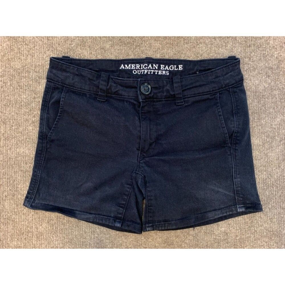 American Eagle Shorts Womens 0 Midi Stretch Flat Front Chino Black Preppy Cotton